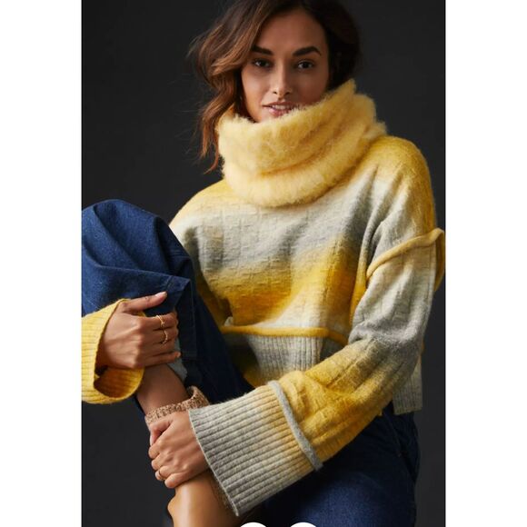 Anthropologie Pilcro Cropped Mock-Neck Sweater Yellow Grey Size S - Picture 1 of 6